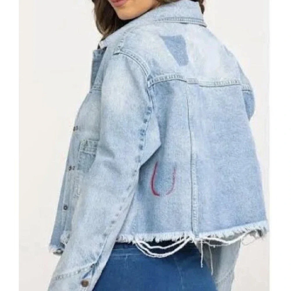 Free People Dillon Jacket Womens Medium Blue Denim Distressed Frayed Raw‎ Hem - Picture 2 of 16